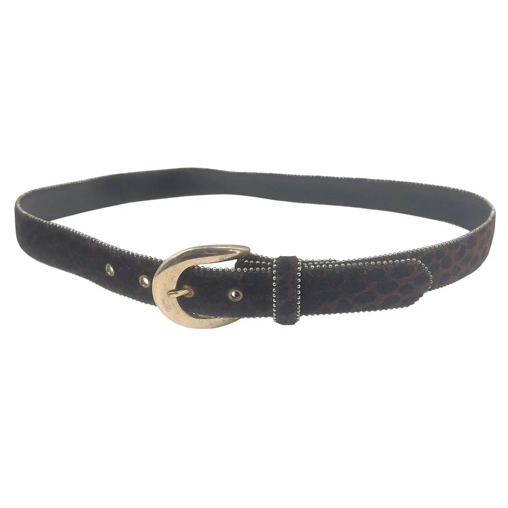 Women's Brown Leopard Faux Pony Hair Belt Beaded Edge Statement Vintage 90s L